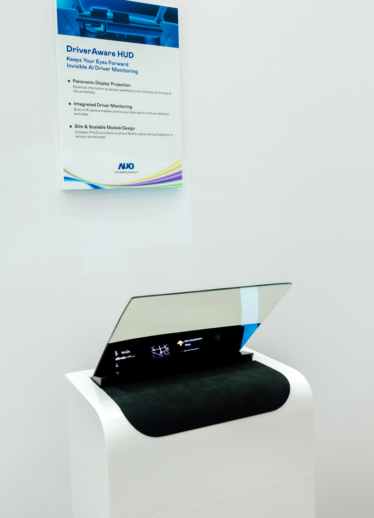 The DriverAware HUD combines a Projected Head-Up Display (PHUD) with an invisible infrared camera, projecting speed, navigation, and alert information directly onto the windshield&mdash;perfectly aligned with the driver&rsquo;s line of sight. AI continuously tracks driver attention to further enhance safety.